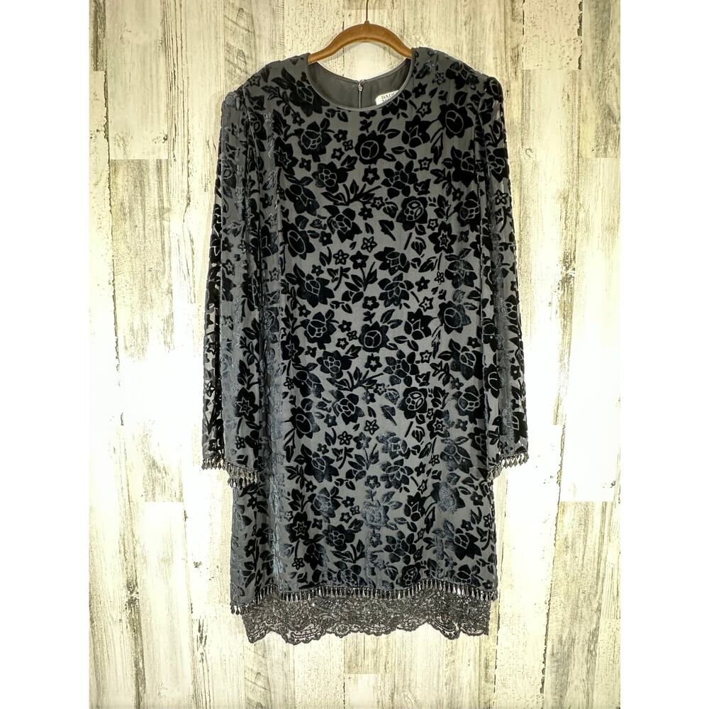 Badgley Mischka Dress Size 14 Black Floral Velvet Burnout Sheer Beaded Lace Mesh